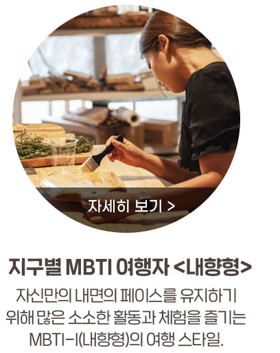 지구별 MBTI 여행자 내향형. 자신만의 내면의 페이스를 유지하기 위해 많은 소소한 활동과 체험을 즐기는 MBTI-I 내향형의 여행 스타일
